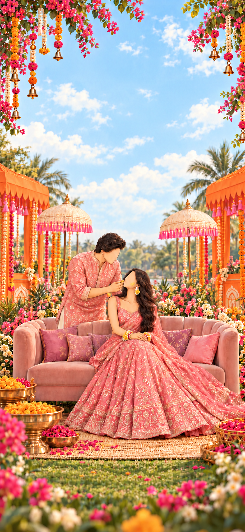 Illustrated Kiran, clean-shaven in an embroidered pink kurta, applying haldi to Shoba in a pink lehenga on a blush sofa, surrounded by marigolds, parasols and a sunlit garden