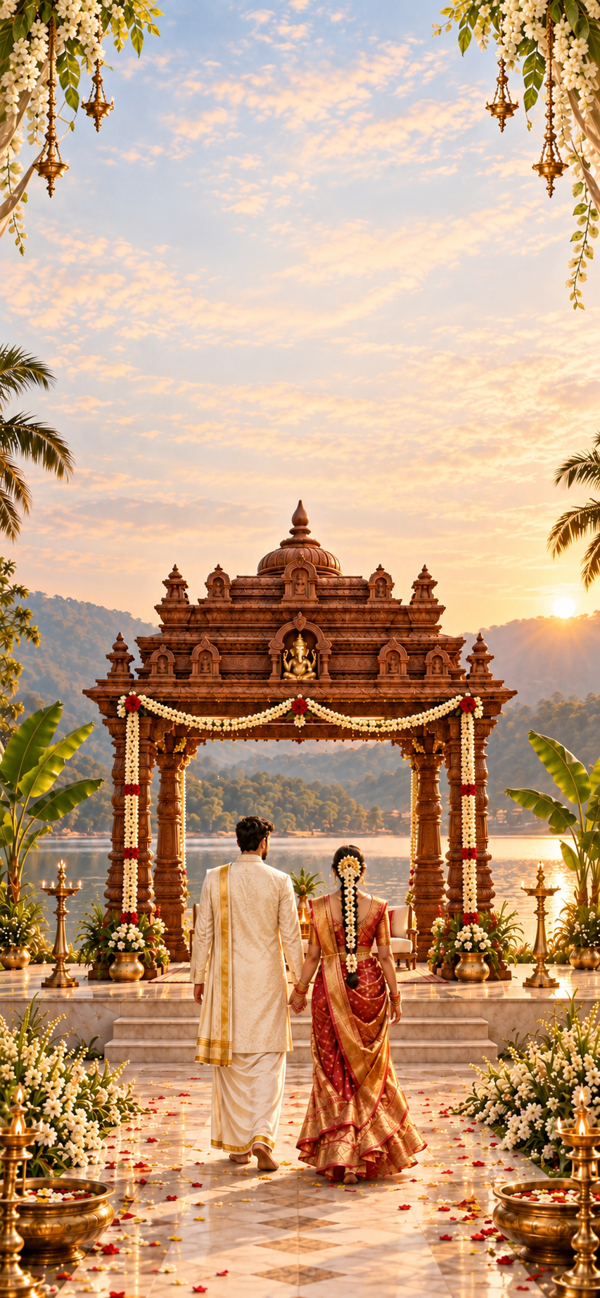 Kiran in ivory and gold kurta and dhoti and Shoba in a red and gold Kanjivaram saree, seen from behind holding hands before a carved brown wooden mandap with Ganpati, jasmine and brass lamps at dawn