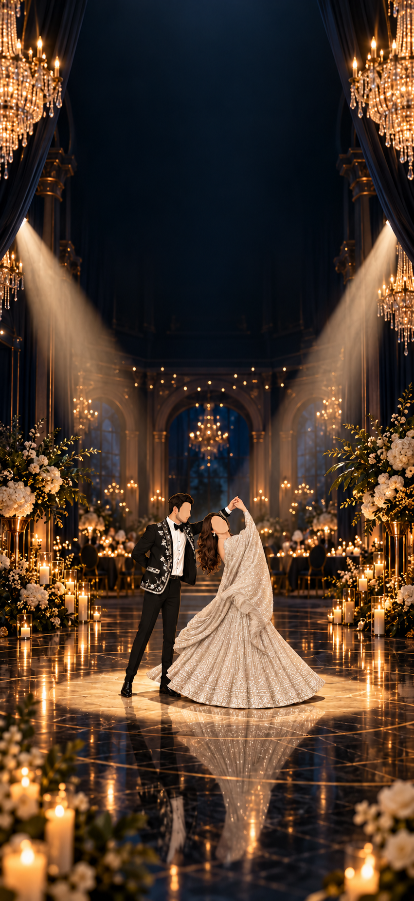 Illustrated clean-shaven Kiran in an embroidered black tuxedo twirls Shoba in a flowing silver outfit beneath warm spotlights in a midnight ballroom with chandeliers and reflective marble