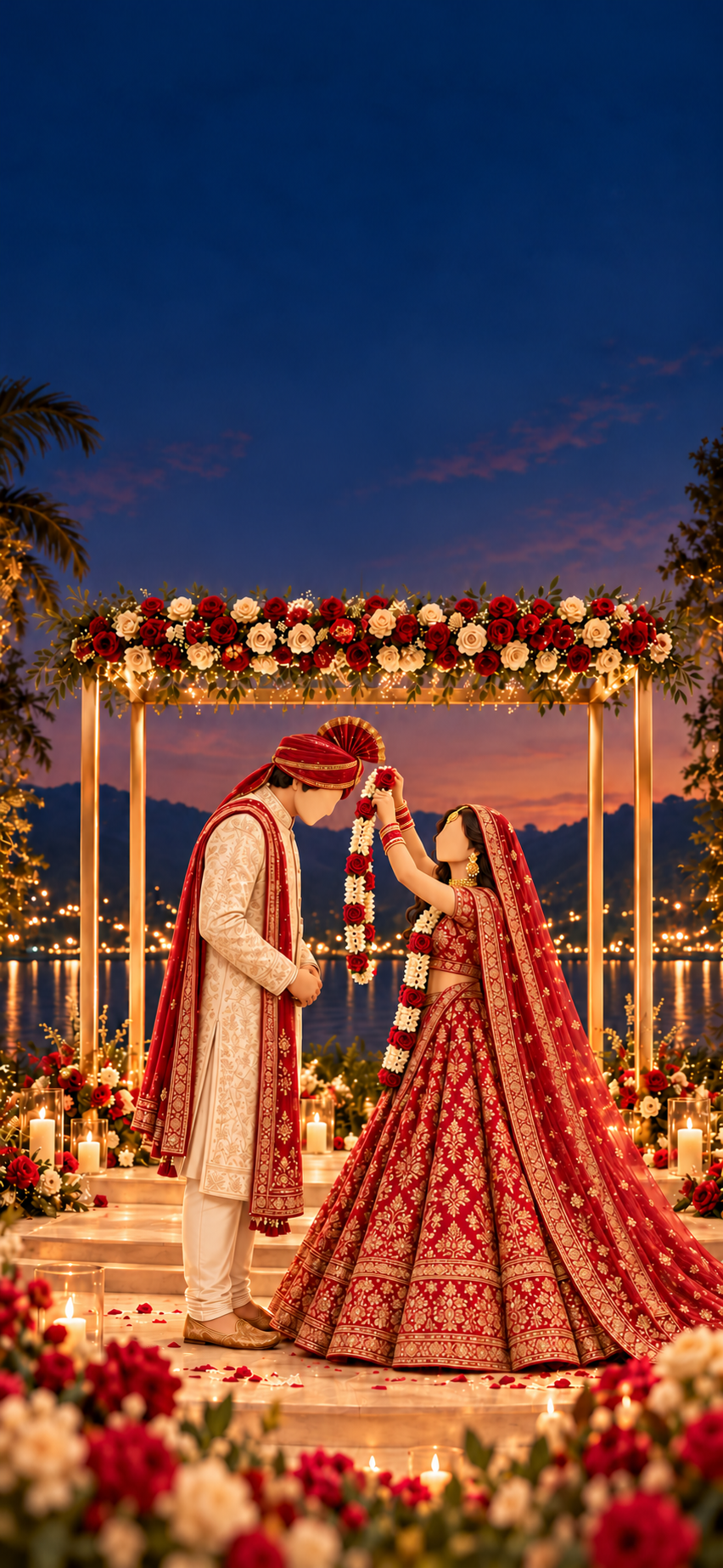 Illustrated Kiran in a red pheta, ivory sherwani and red stole bows as Shoba in a red bridal lehenga and head dupatta raises a garland beneath a red-and-ivory floral mandap beside the lake at dusk