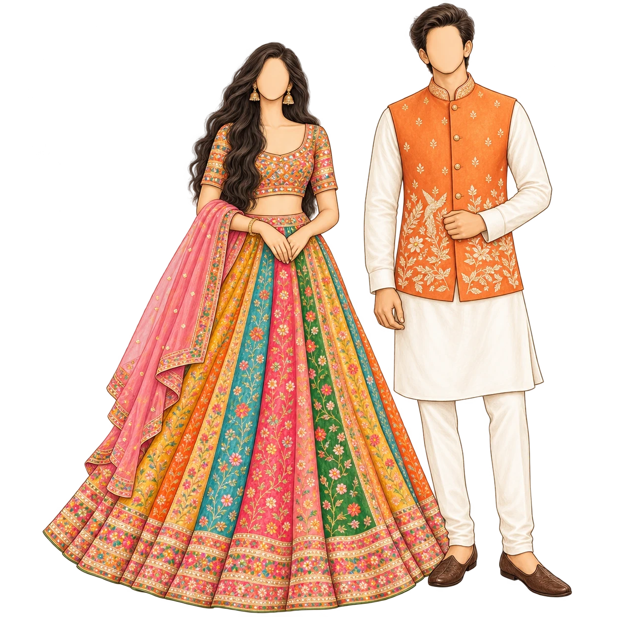 Guest outfit illustration: a woman in a multicolour lehenga and a man in an orange Nehru waistcoat over an ivory kurta.