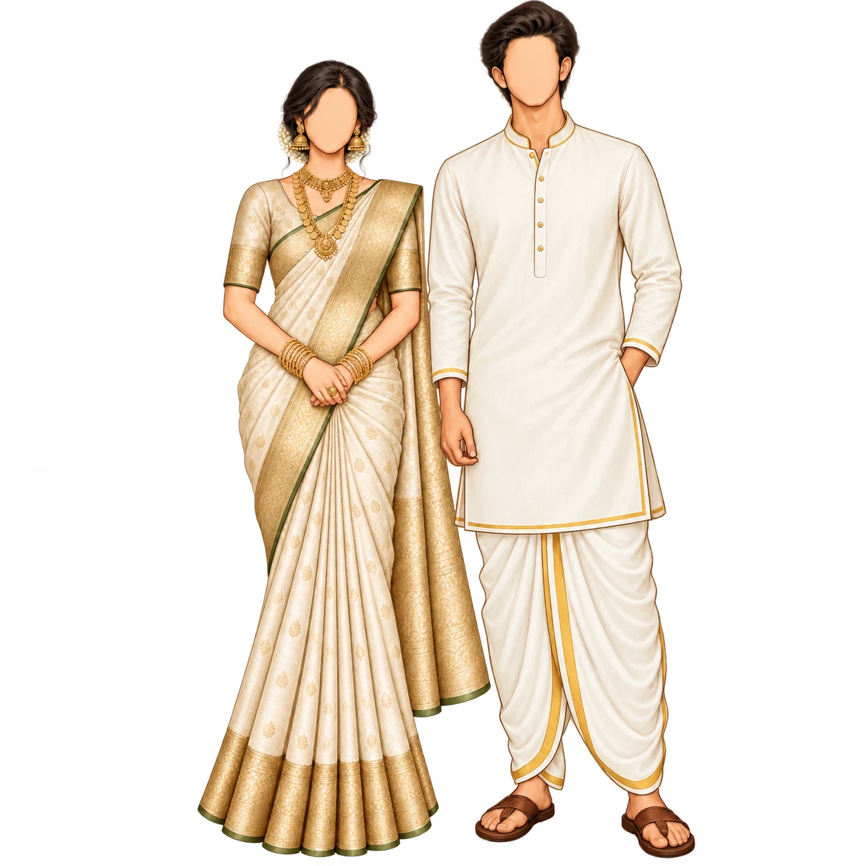 Guest outfit illustration: a woman in an ivory-and-gold silk saree and champagne blouse with layered gold necklaces, jhumka earrings, bangles and a jasmine gajra, and a man in an ivory kurta with a traditionally draped gold-bordered dhoti.