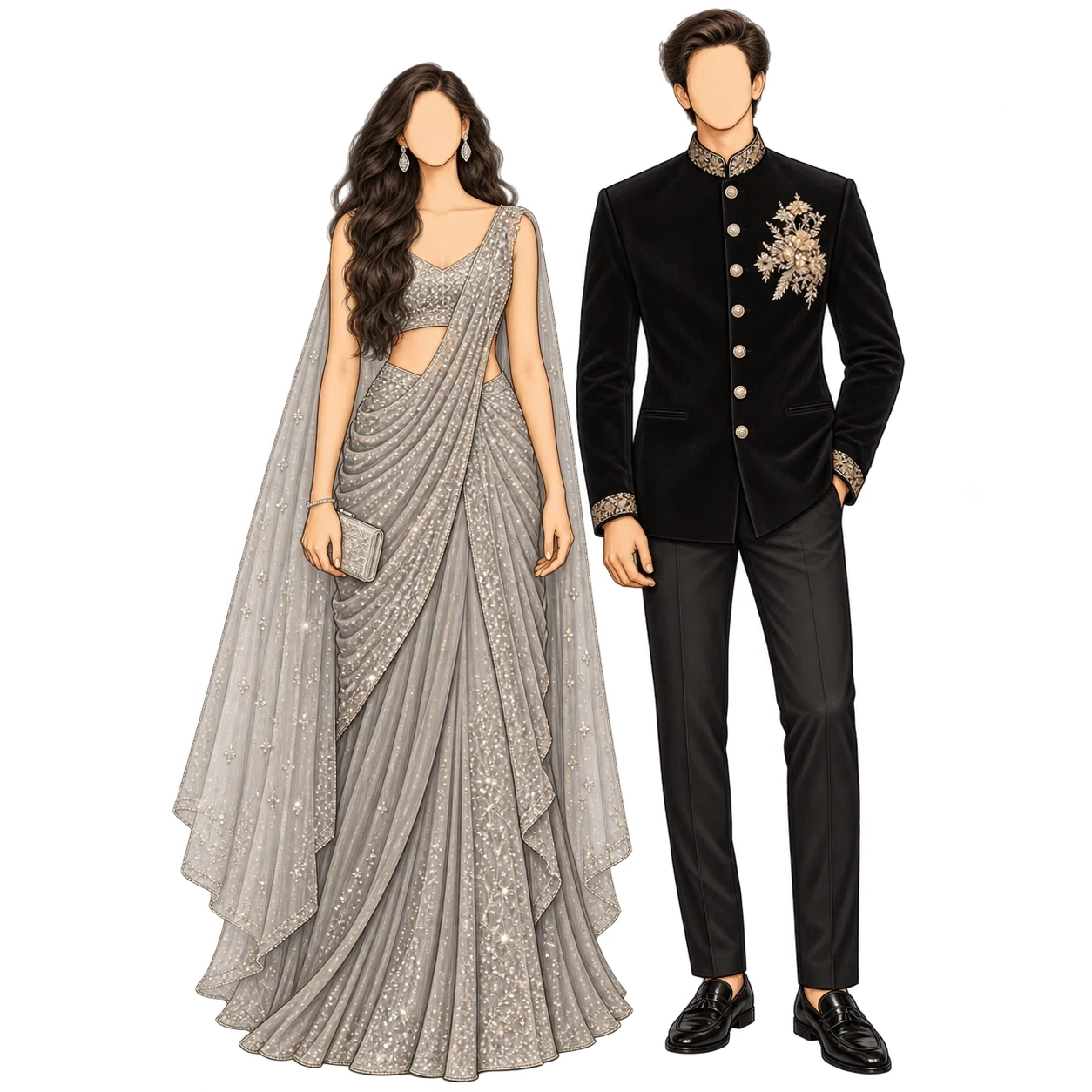 Guest outfit illustration: a woman in a silver Indo-Western draped ensemble and a man in a black embroidered bandhgala.