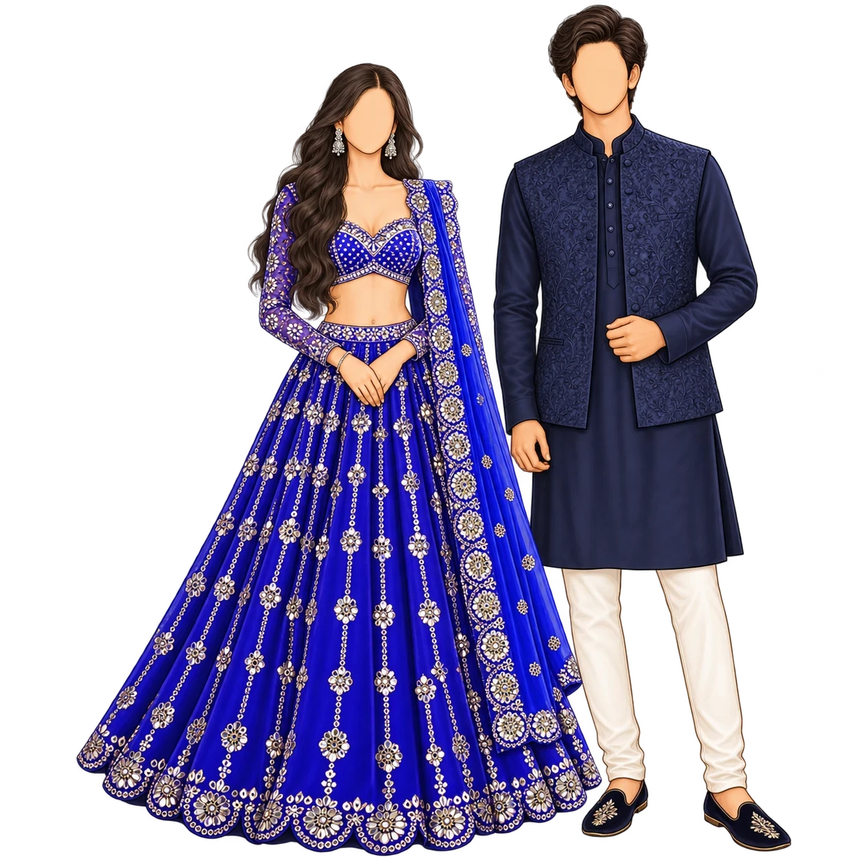 Guest outfit illustration: a woman in a royal-blue lehenga with simple earrings and a man in a navy kurta and Nehru jacket.